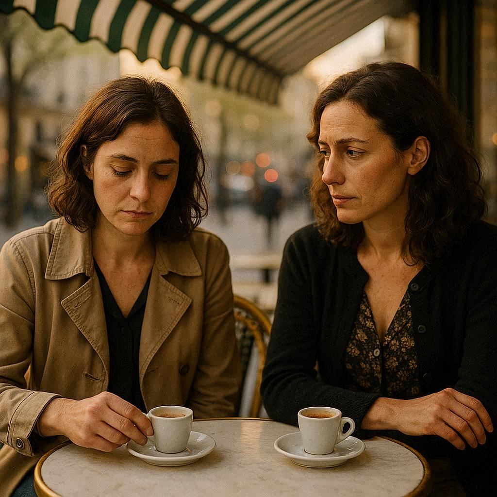 Two women reconnecting over espresso at a Paris café terrace.