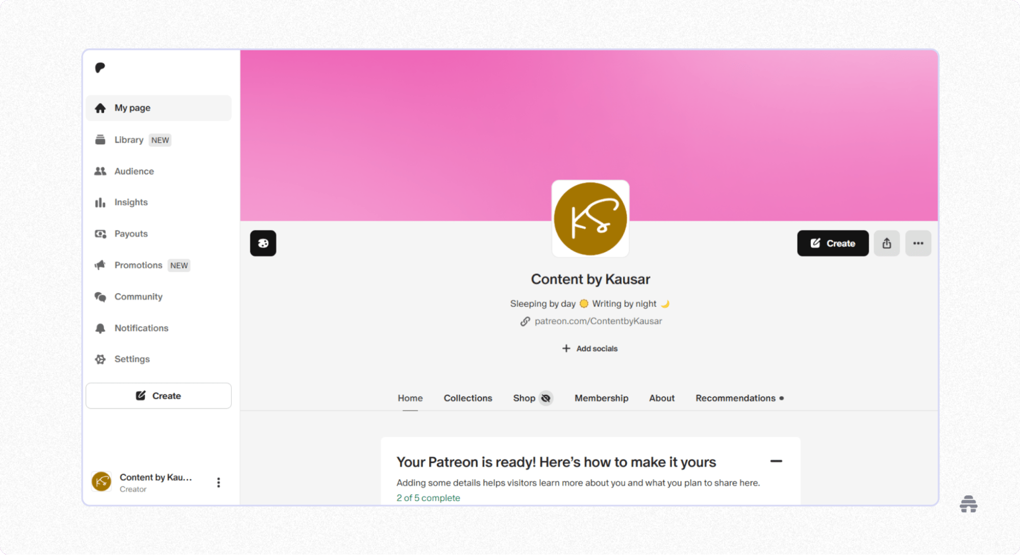 Patreon creator dashboard showing “Content by Kausar” page with audience, earnings, and membership tools for managing and monetizing content.