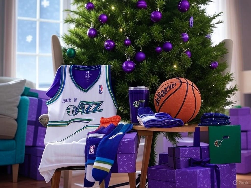 A classic cover art illustration showcasing Utah Jazz-themed gifts: a John Stockton jersey, logo basketball, team socks, and a tumbler, all arranged around a festive Christmas tree in purple and green. Subtle snowflakes and wrapped presents in team colors highlight the Stockton-and-Malone vibe