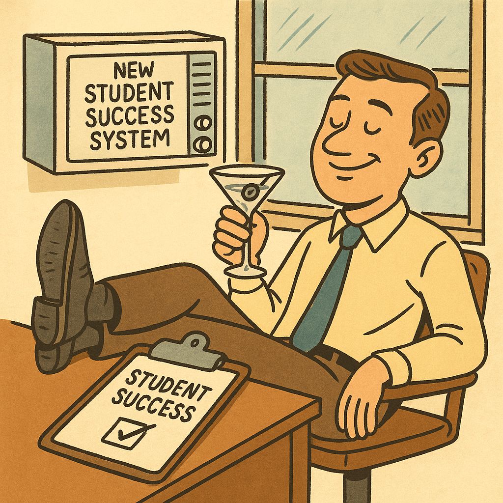 AI generated image of a university administrator with his feet up on the desk celebrating after having implemented a student success tool (imagined as an ac unit)