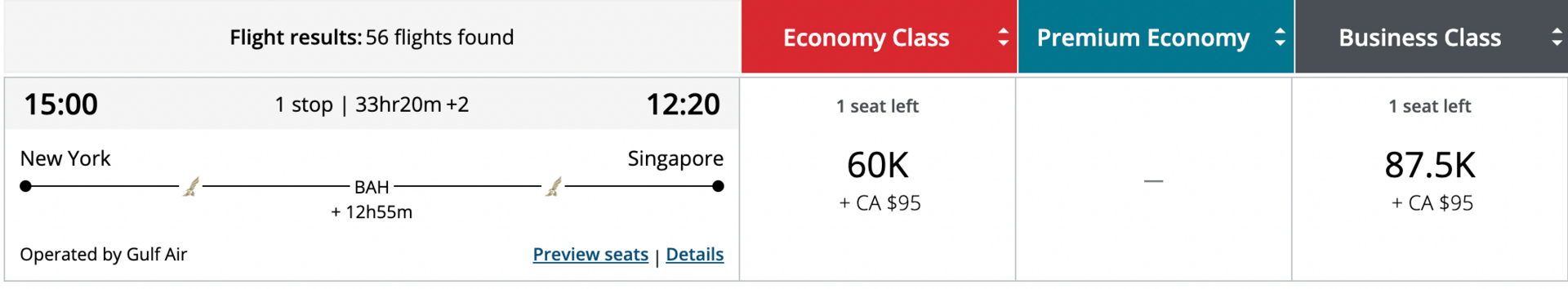 New York to Singapore for 87,500 points in business