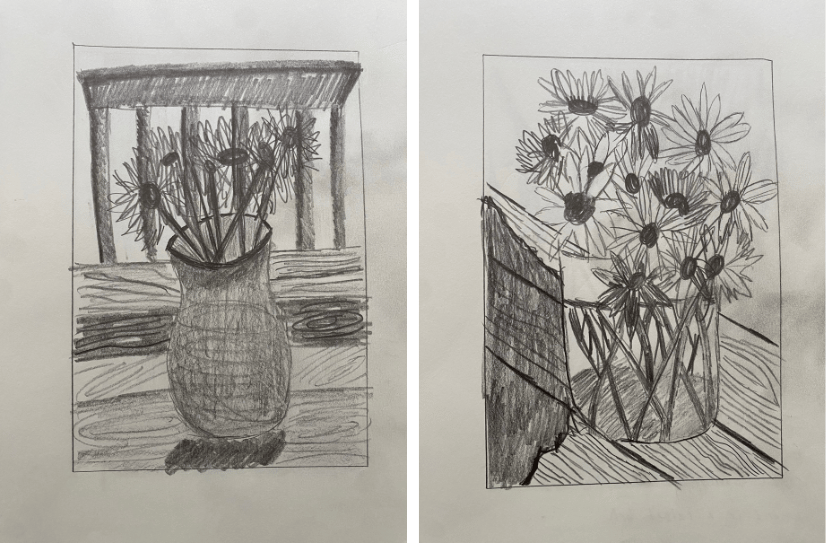 Two pages from my sketchbook: a vase of rudbeckia on a table with a chair behind it, and a jar of rudbeckia on a picnic table.