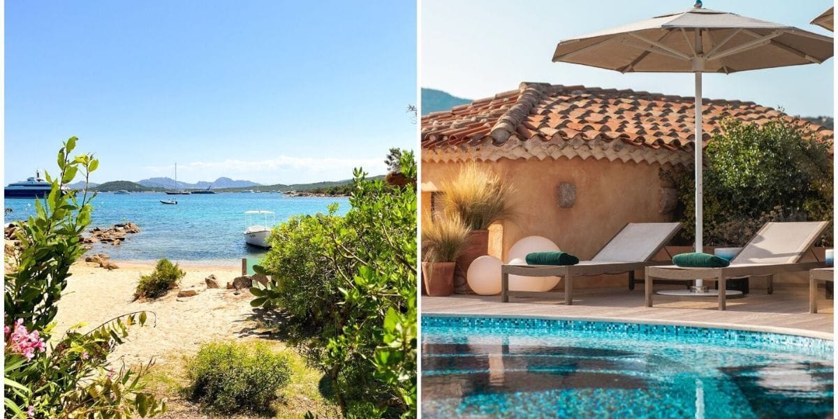 Elegant oceanfront resort on Costa Smeralda with an infinity pool, palm trees, and a panoramic bay view