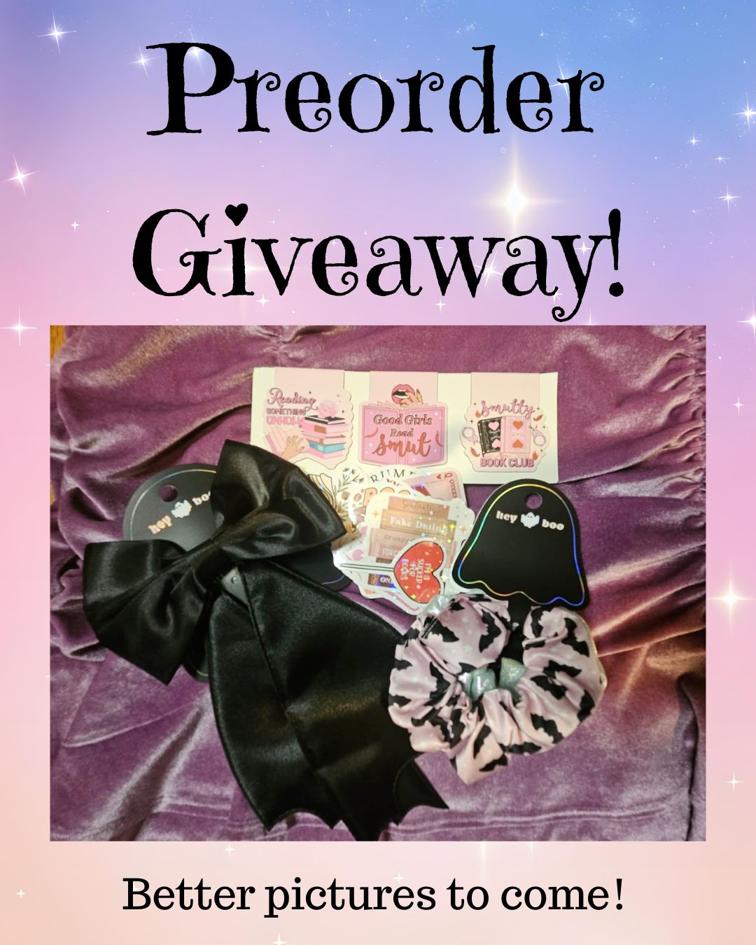 Picture of giveaway items - hair things, stickers, bookmarks