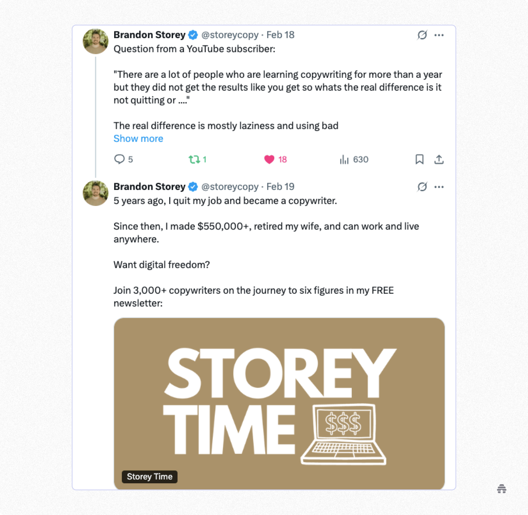 A pair of tweets from Brandon Storey promoting his copywriting journey and inviting followers to join over 3,000 subscribers to his free Storey Time newsletter, shown with the newsletter’s gold logo card.
