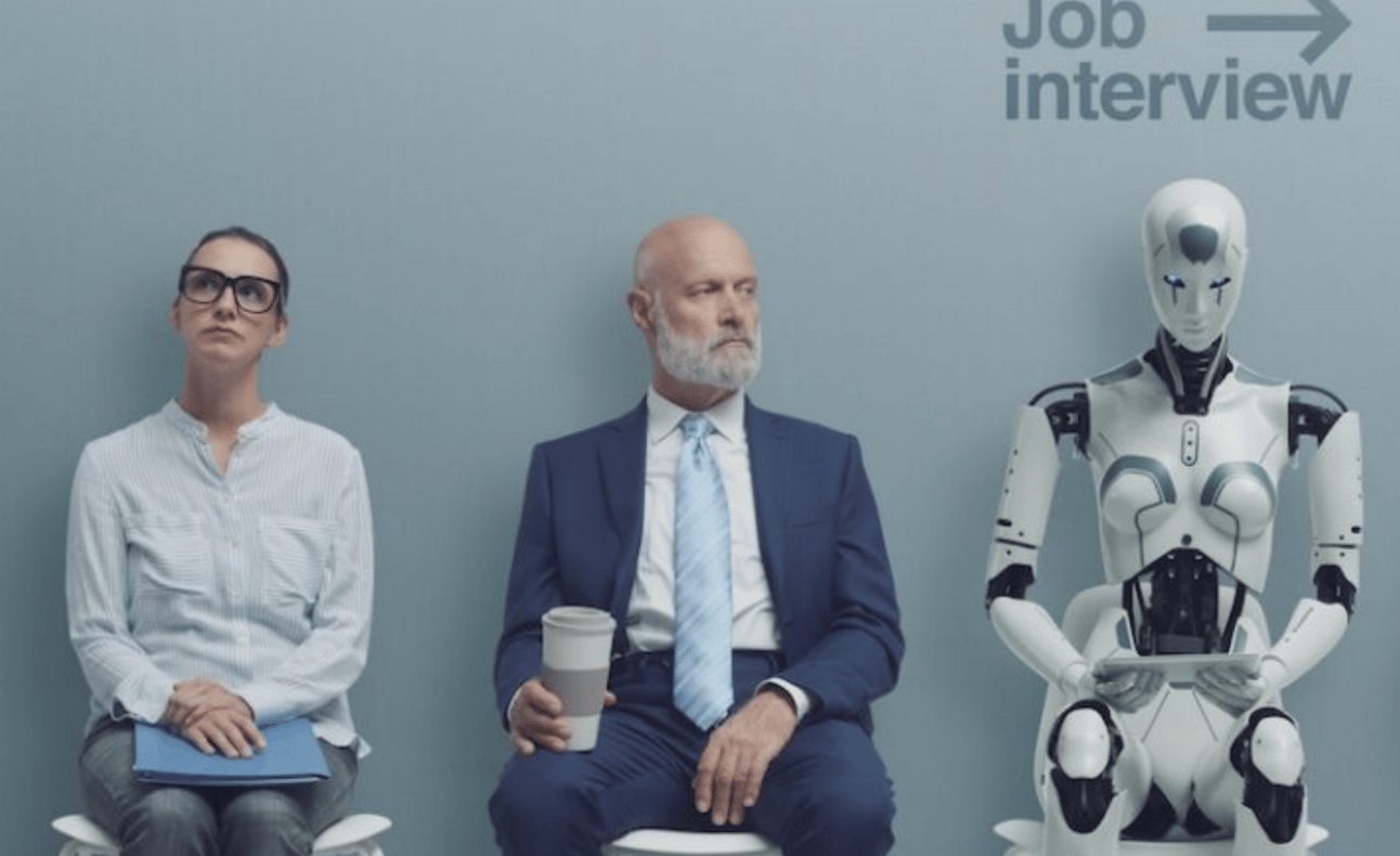 Woman, Man and Robot waiting for a job interview