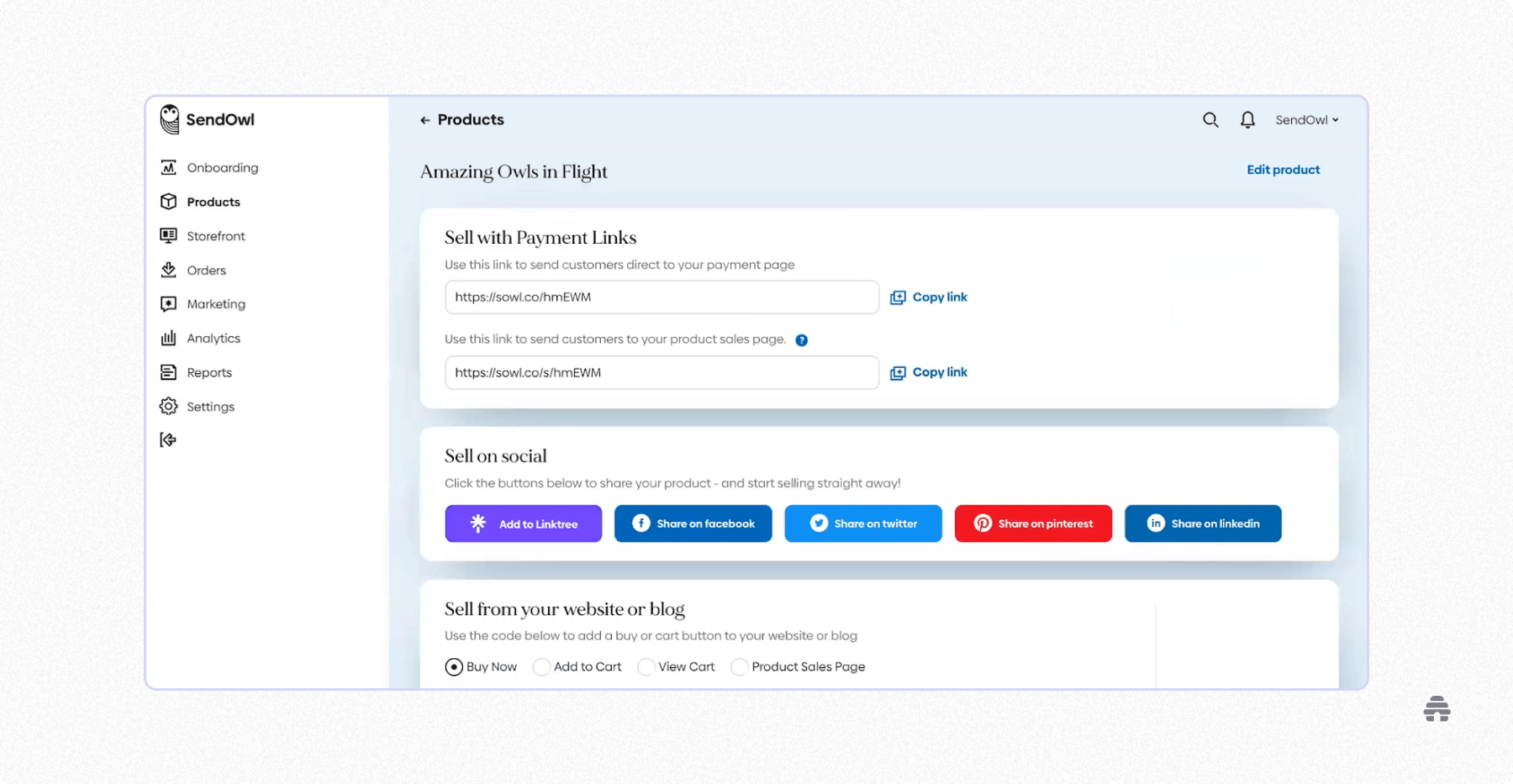 SendOwl product dashboard showing payment links and social sharing options to sell digital products across websites and social platforms.
