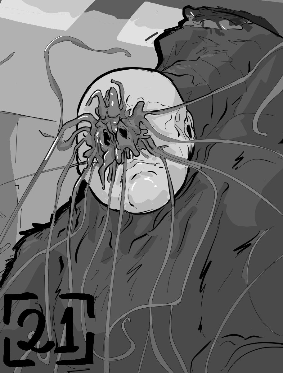 Desenho monocromático. O desenho mostra um rosto humano glabro saindo de um corpo peludo e grande. No rosto, onde deveria ficar o nariz e os olhos, há um apêndice similar ao de uma toupeira-natiz-de-estrela, de onde despontam diversos tentáculos finos e compridos se espalhando em diferentes direções. No canto inferior esquerdo há o número vinte e um para indicar o capítulo.