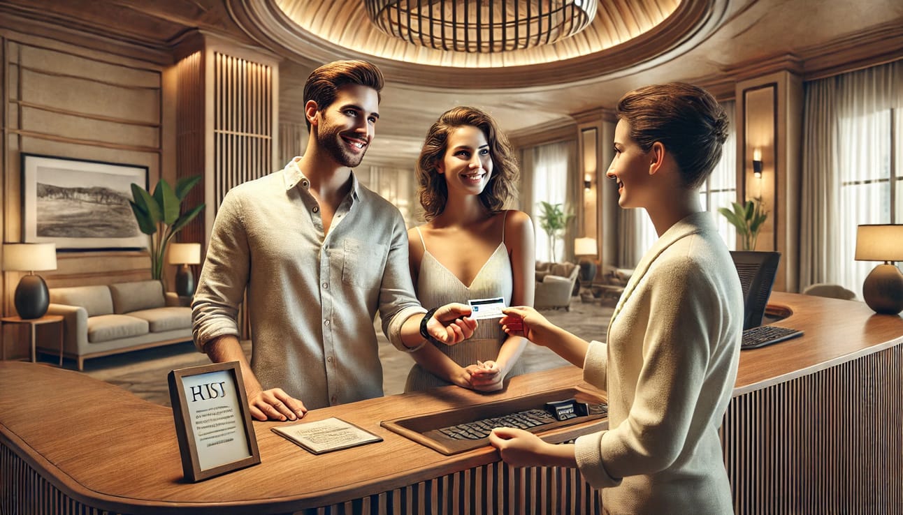 Stylish couple checking in at a swinger resort