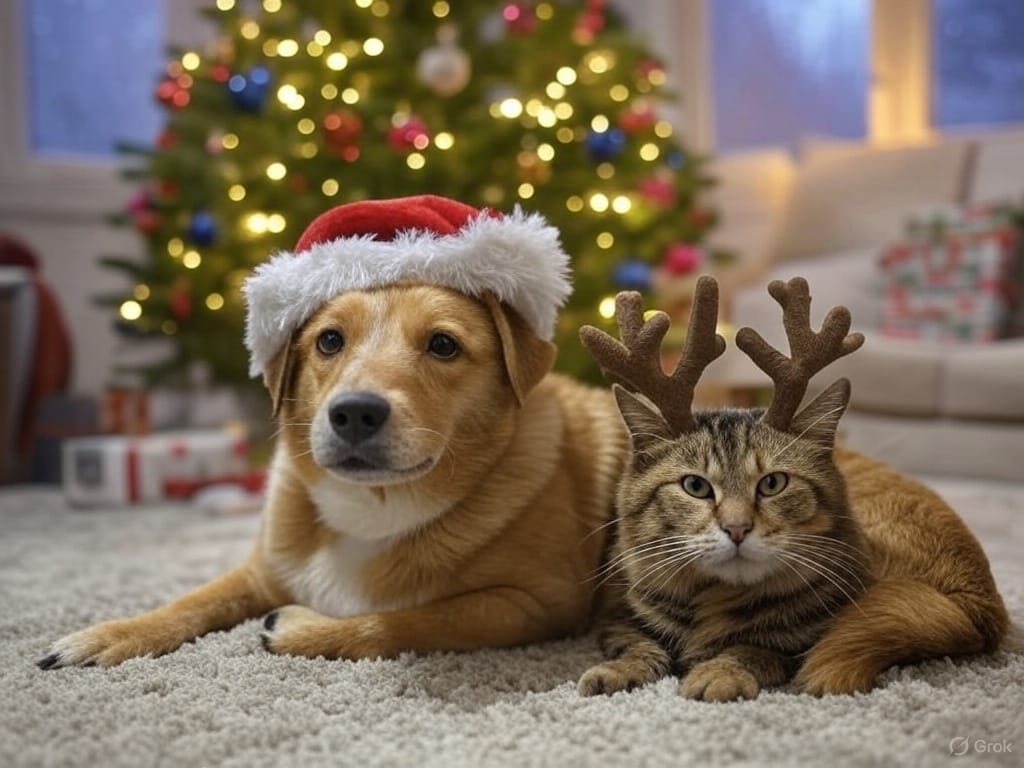 A joyful holiday living room features a glowing Christmas tree with colorful lights and ornaments in the background. In the foreground, a golden retriever wearing a red Santa hat with a white trim is curled up on a gray couch next to a tabby cat adorned with small reindeer antlers. Several wrapped gifts with festive red and green wrapping paper are placed near the couch, enhancing the holiday atmosphere. The room is warmly lit, creating a cozy and festive scene.