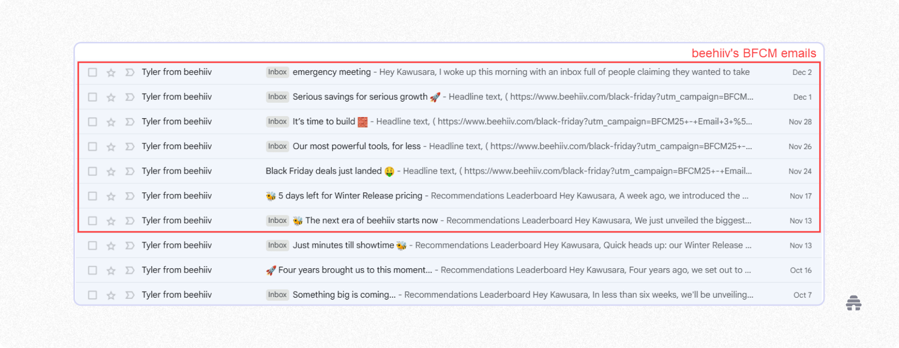 Email inbox showing multiple beehiiv Black Friday and Cyber Monday promotional emails from ‘Tyler from beehiiv,’ highlighted to illustrate a high-frequency BFCM newsletter campaign. The image demonstrates how a creator uses timely subject lines and repeated sends to drive attention during a sales period