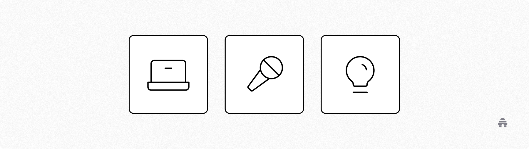 Simple line icons of a laptop, microphone, and lightbulb representing digital creation, content sharing, and innovative ideas, aligning with beehiiv’s mission to empower creators and newsletter publishers.