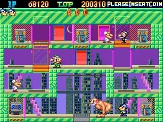 The second shows a muscled man mooning the player's character for daring to get near him, while a bunch of weird little guys walk around the stage.