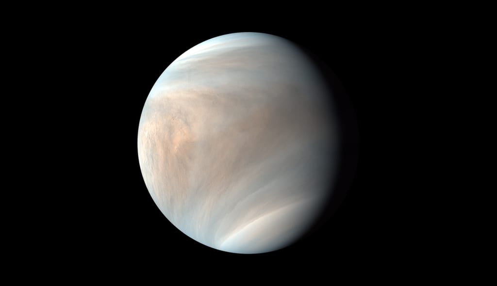 Ultraviolet image of Venus’s dayside taken by Akatsuki’s UVI instrument, shown in false color using 283 nm and 365 nm wavelength data.