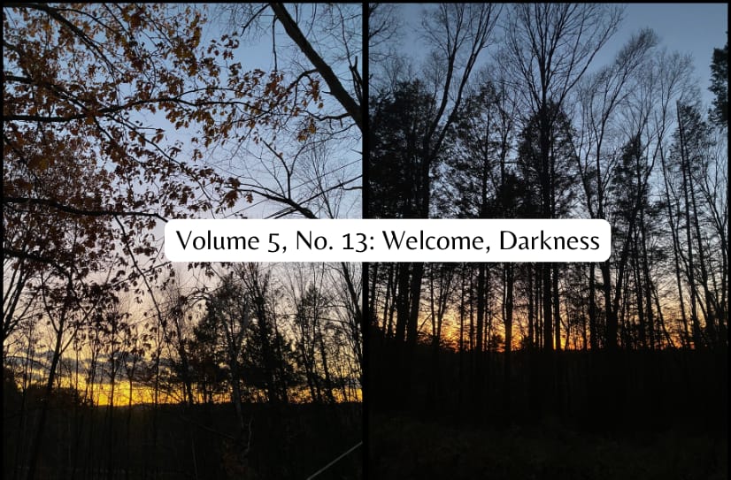 Two photos of trees at sunset, a gold band along the horizon and a deep blue sky above, with the words: Volume 5, No. 13: Welcome Darkness, in the center.