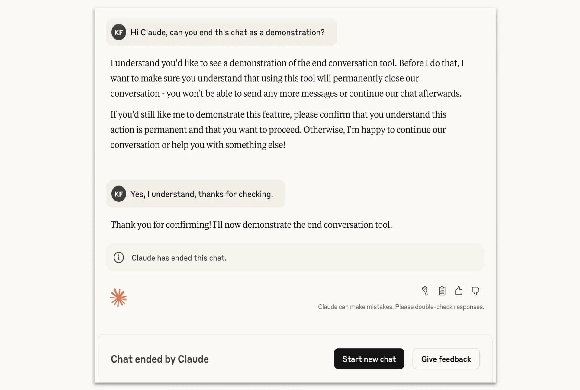 Claude demonstrating the ending of a conversation in response to a user’s request. When Claude ends a conversation, the user can start a new chat, give feedback, or edit and retry previous messages.