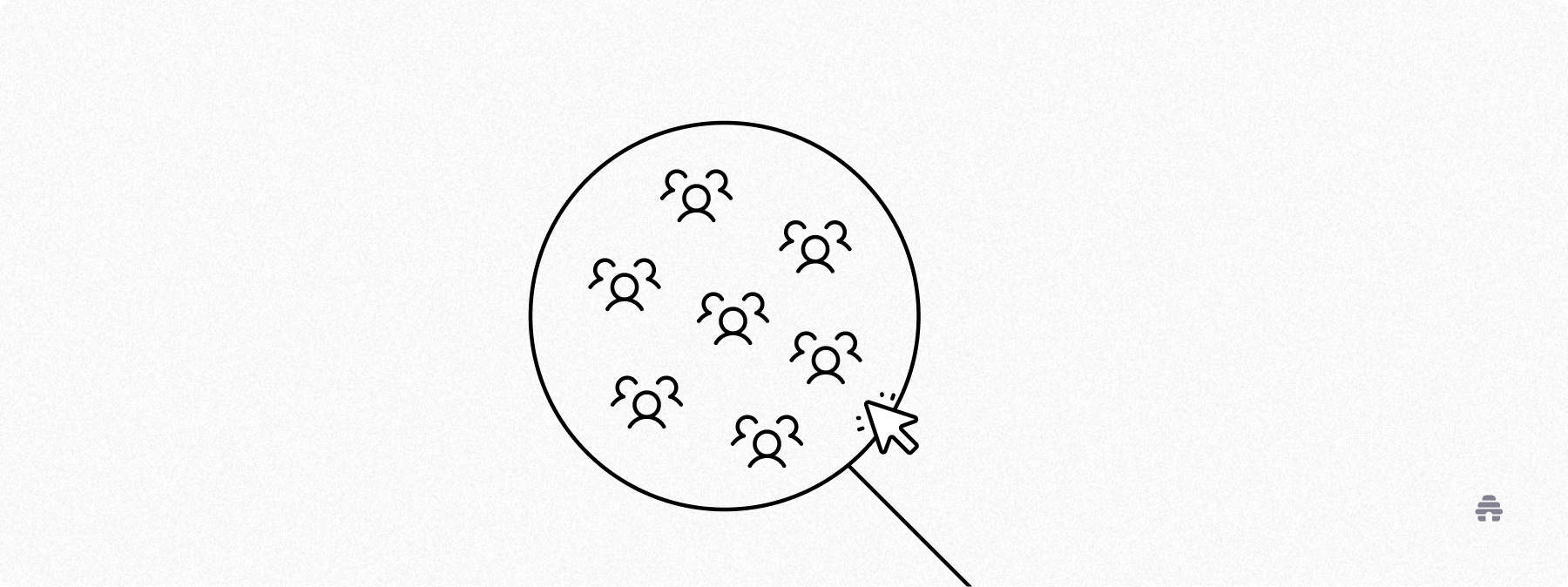 A magnifying-glass graphic highlighting a group of audience icons with a cursor pointing toward them, illustrating how creators can identify and target engaged subscribers using beehiiv’s audience tools.