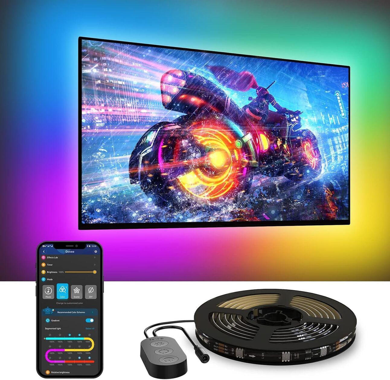 Govee TV LED Backlight TV with glowing RGB lights along the back edges, synced to the screen’s visuals in a dark room—creating a dynamic light show for immersive gameplay.