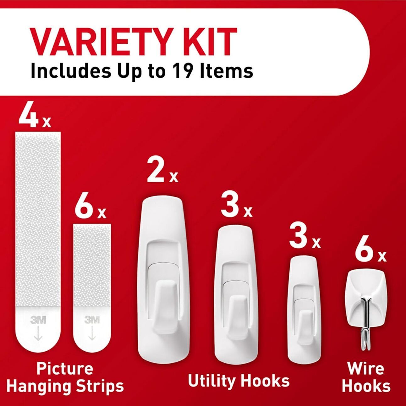 Command Hooks Variety Pack – A colorful set of adhesive wall hooks in various sizes shown hanging holiday lights, keys, and utensils on a white wall. Emphasizes easy, damage-free organization.