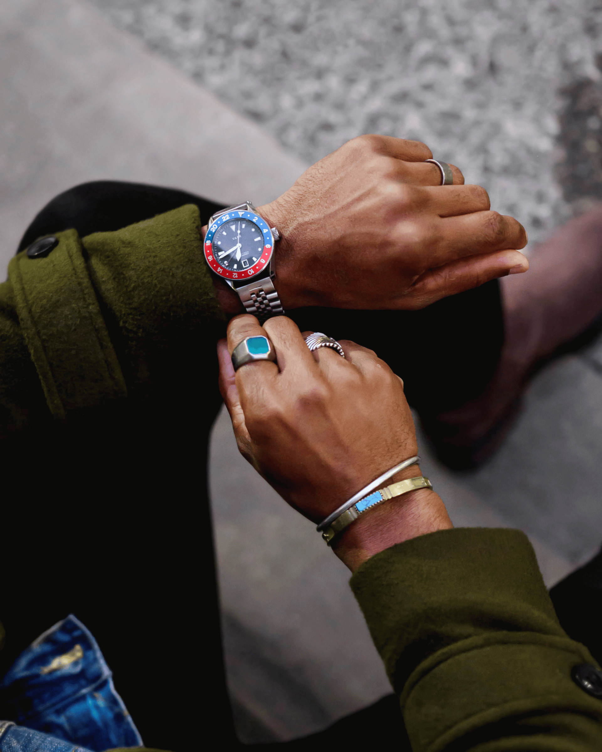 Vaer GMT 2 wrist watch and Curated Basics Rings and Bracelets