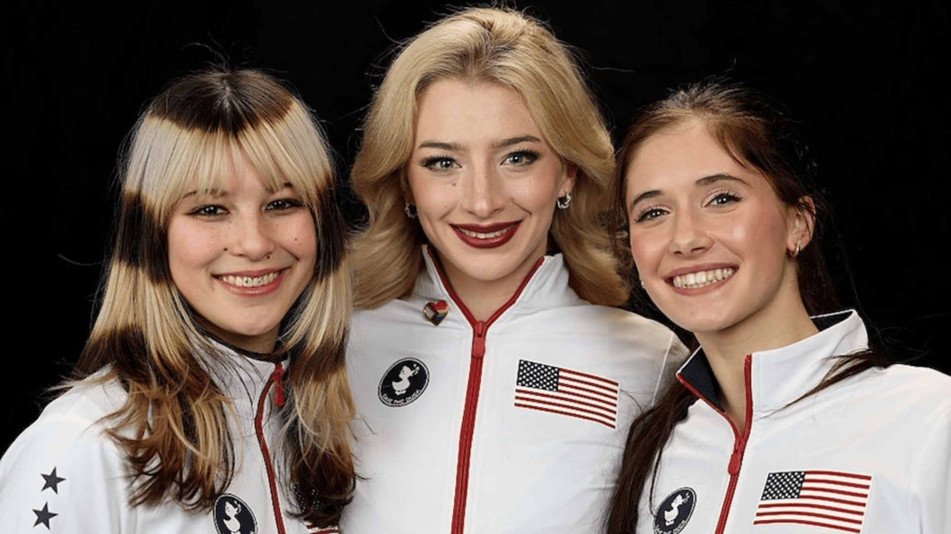 Alysa Liu, Amber Glenn, and Isabeau Levito pose for a portrait after making the United States Figure Skating Olympic Team 