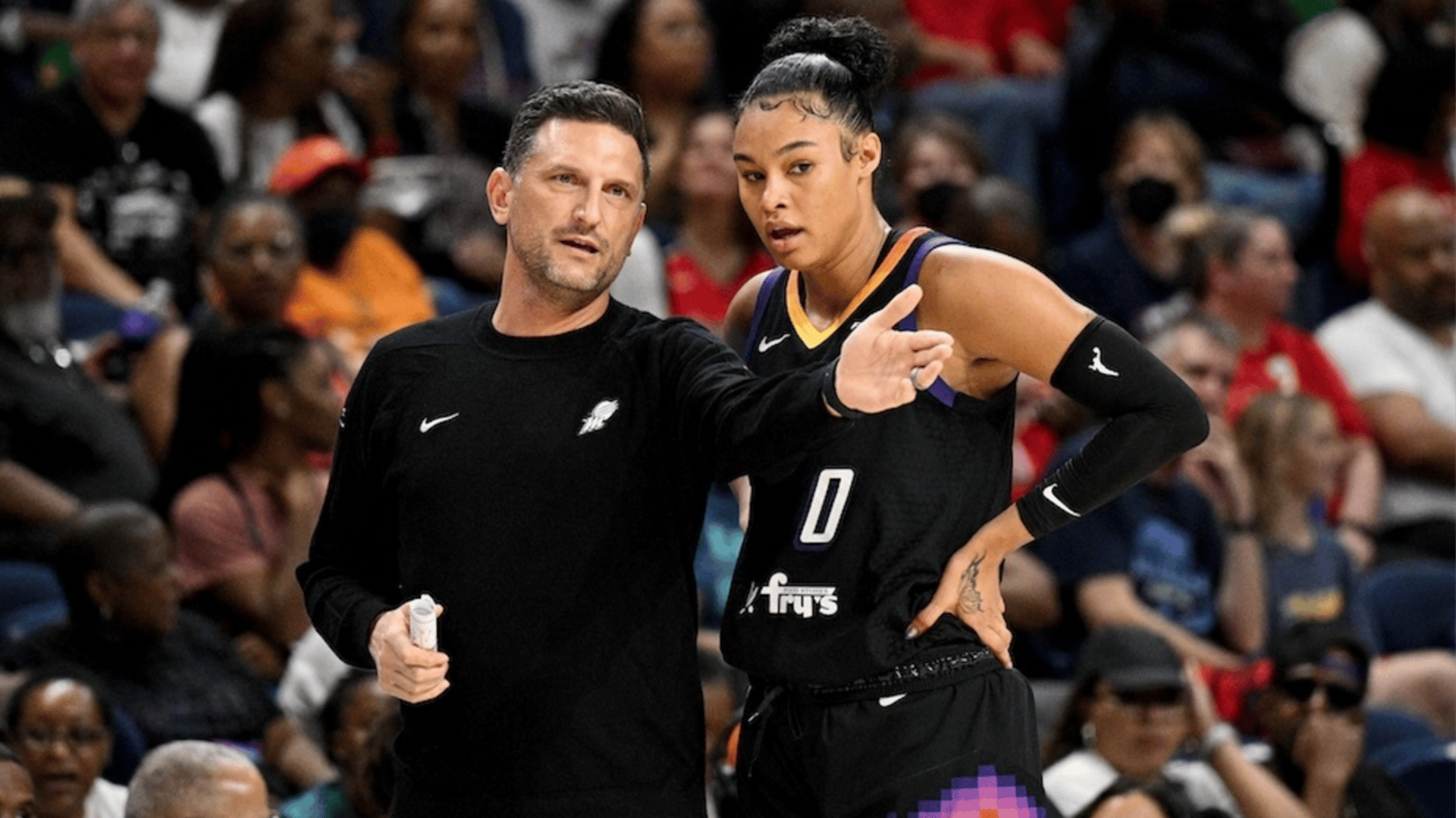  Head coach Nate Tibbetts of the Phoenix Mercury talks to Satou Sabally #0 during the first quarter against the Washington Mystics