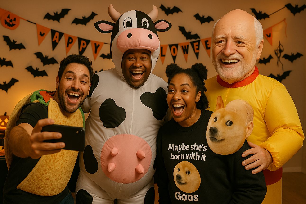 A group of Black friends at a Halloween party laughing and posing for a selfie in funny costumes including a taco, inflatable cow, and elf outfit, with festive decorations like bats, pumpkins, and orange-and-black paper fans in the background.