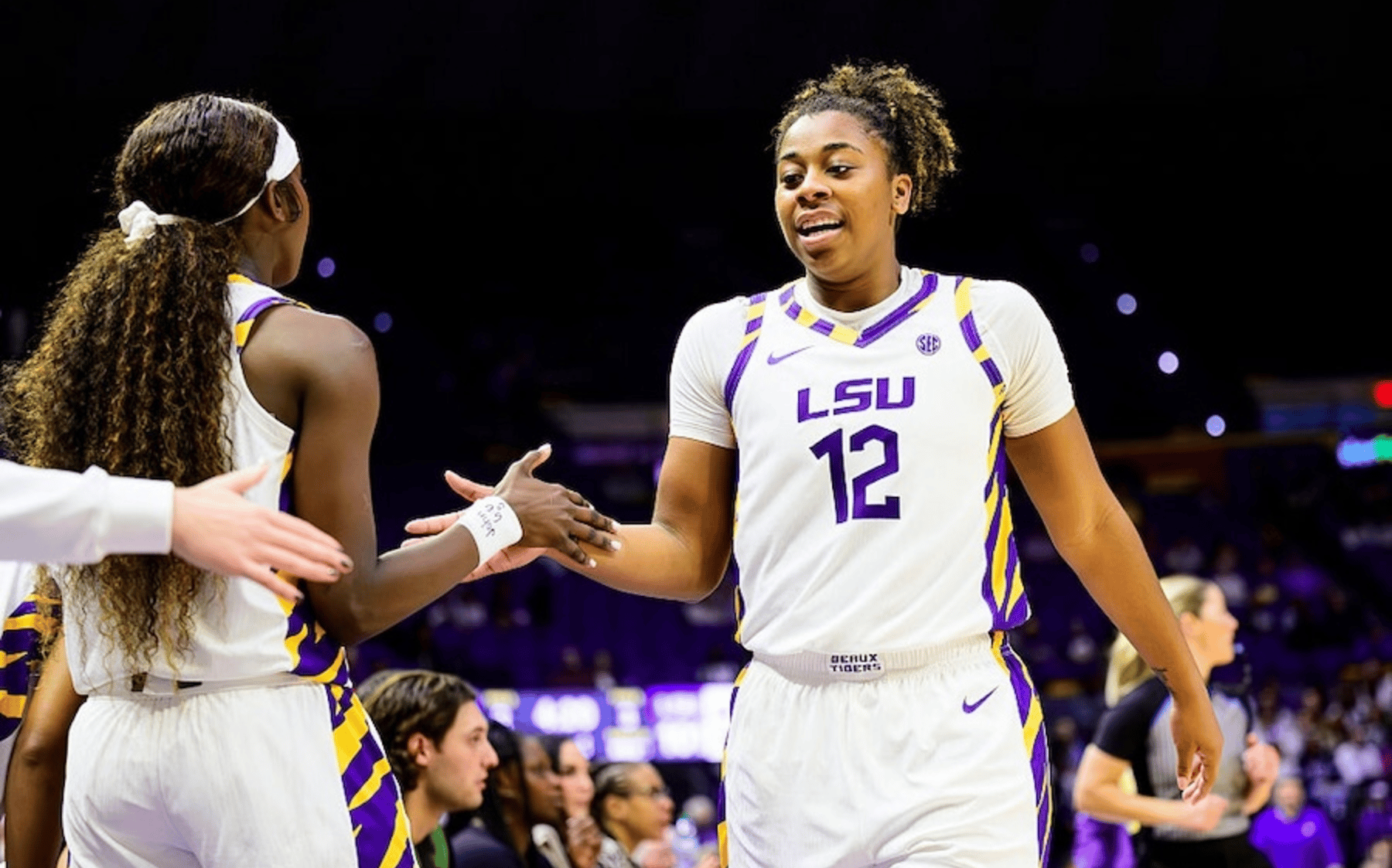  Mikaylah Williams #12 of the LSU Tigers in action against the Houston Christian Huskies