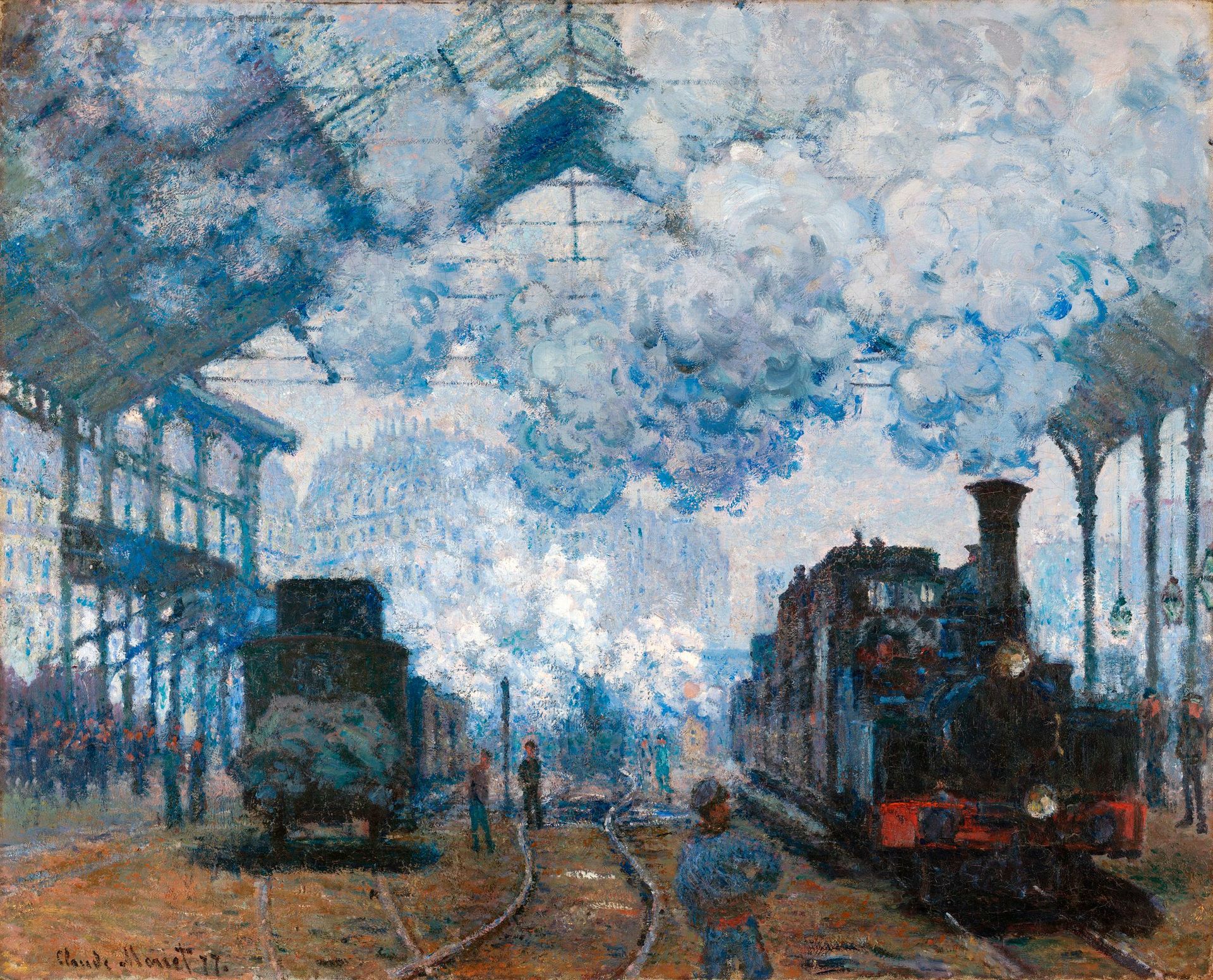 Claude Monet’s 1877 impressionist painting “La Gare Saint-Lazare, arrivée d’un train,” depicting steam engines filling the glass-roofed Paris station with billowing blue and white smoke, passengers and figures blurred in the haze of light and movement.
