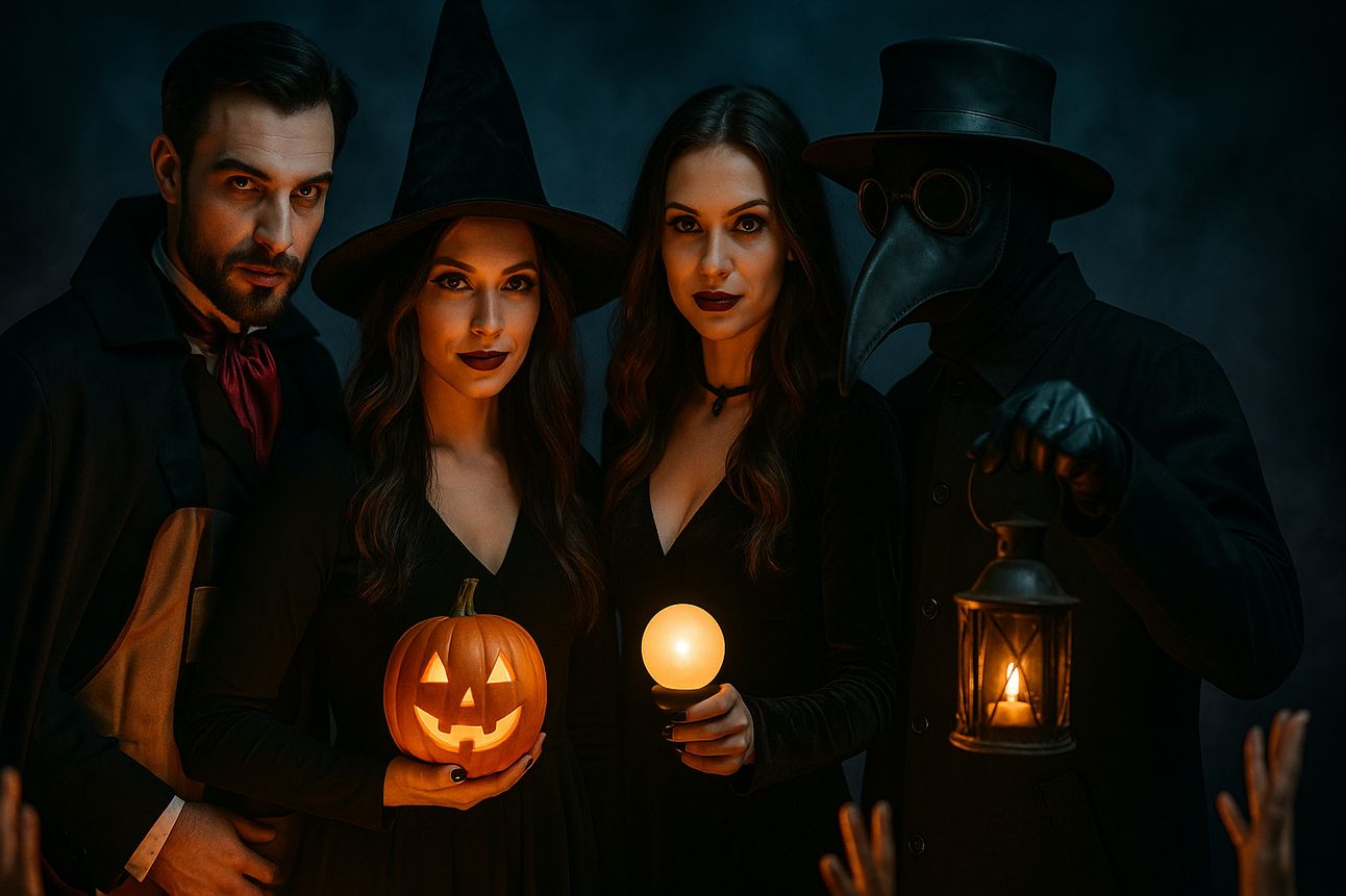 Four adults in stylish Halloween costumes stand together in moody, dark lighting. The group includes a vampire in a cape, a witch with a pointed hat holding a glowing jack-o'-lantern, a second witch holding a glowing orb, and a plague doctor holding a lit lantern. The foggy blue backdrop and soft orange lighting highlight their dramatic makeup and gothic attire.