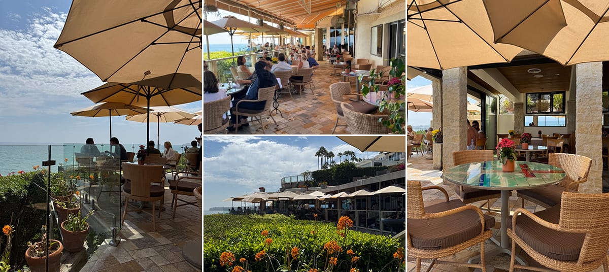 Outdoor terrace at Geoffrey’s Malibu overlooking the Pacific Ocean, featuring sunlit tables with beige umbrellas, ocean view, and coastal California ambiance perfect for brunch