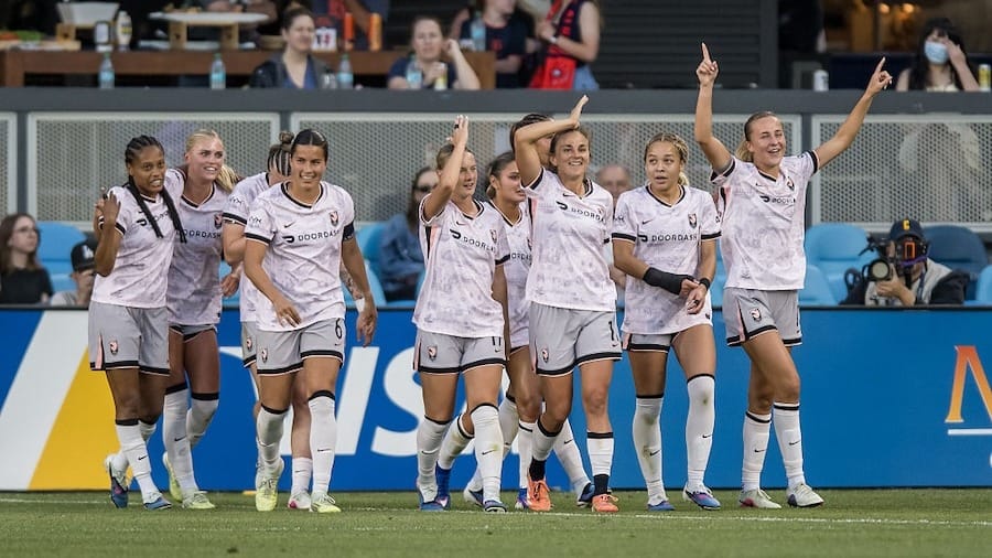 Angel FC celebrates a goal during a match between Angel City FC and Bay FC at PayPal Park on March 21, 2026.