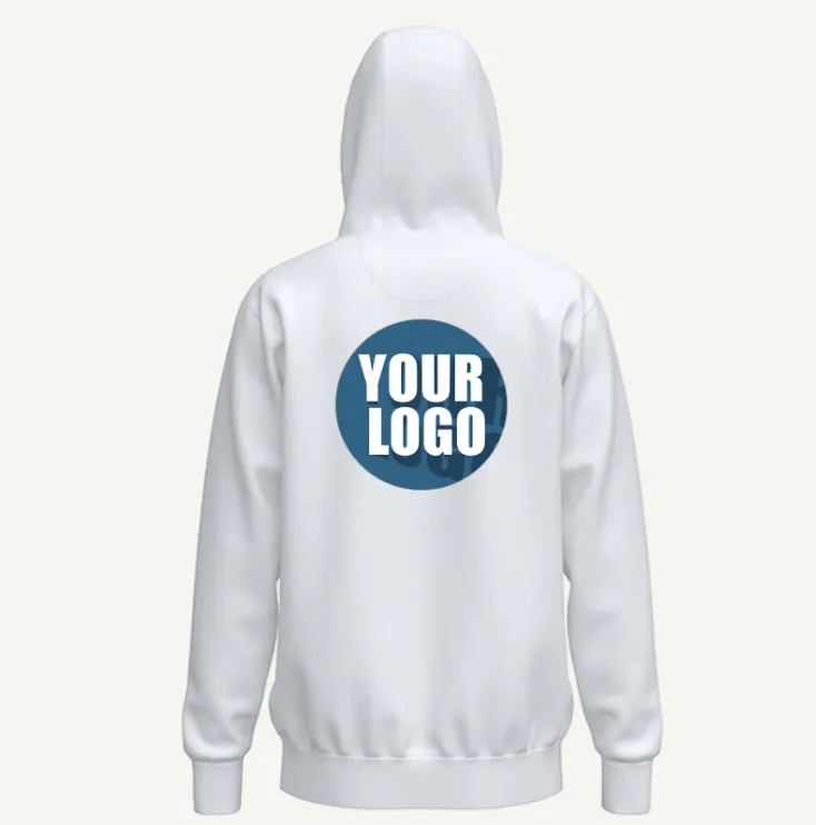 Back view of a white hoodie featuring a large circular company logo, ideal for team merchandise and event giveaways.