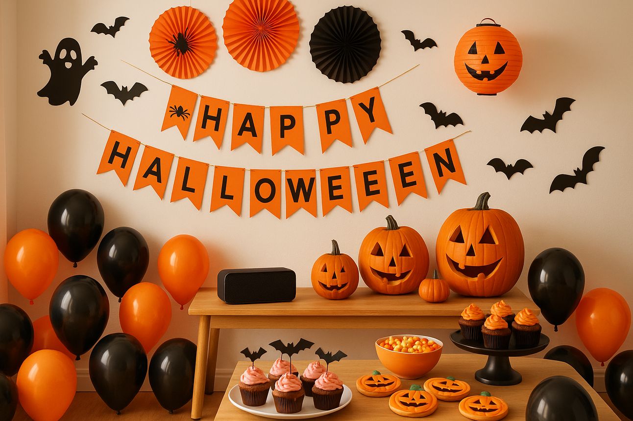 A Halloween-themed party room decorated with scattered black and orange balloons, paper fans, bat cutouts, and a “Happy Halloween” banner on the wall. A wooden table displays carved pumpkins, a bowl of candy corn, cupcakes with orange and pink frosting, and pumpkin-shaped cookies, creating a fun and budget-friendly celebration setup.