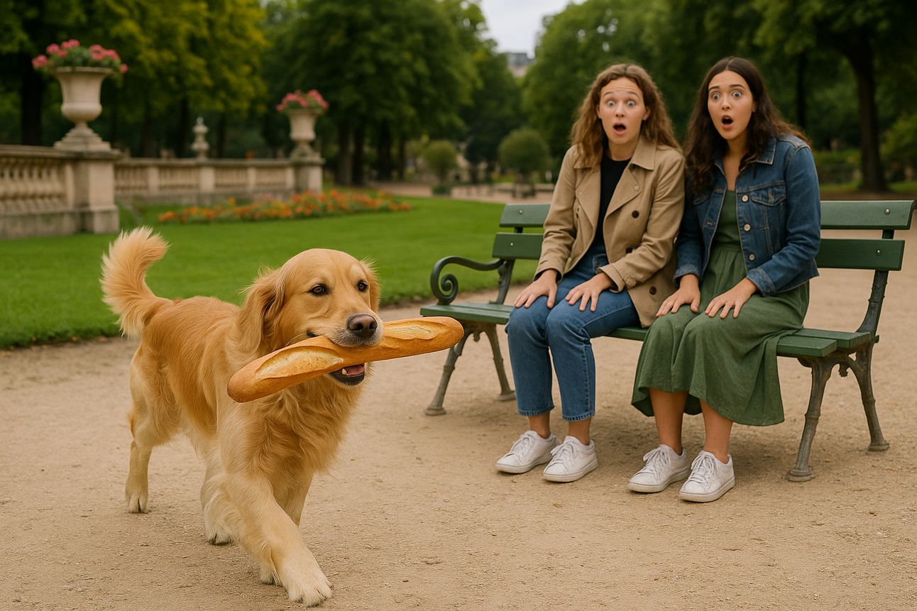 Golden retriever running with one stolen baguette while two young women, sat on a park bench, look surprised in French park setting