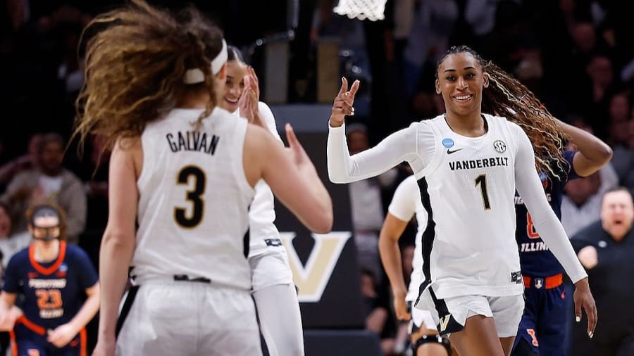 Mikayla Blakes #1 of the Vanderbilt Commodores reacts after a made three-point basket during the first half of a second round game in the 2026 NCAA Women's Basketball Tournament