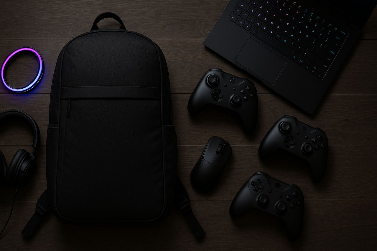 A stylish flat lay of gaming essentials arranged on a dark wood floor, featuring a sleek black gaming backpack centered alongside a black over-ear headset, a slim RGB-lit laptop, a wireless mouse, and three black gaming controllers. A small RGB ring light adds a soft glow, highlighting the minimalist and travel-ready aesthetic of the setup.