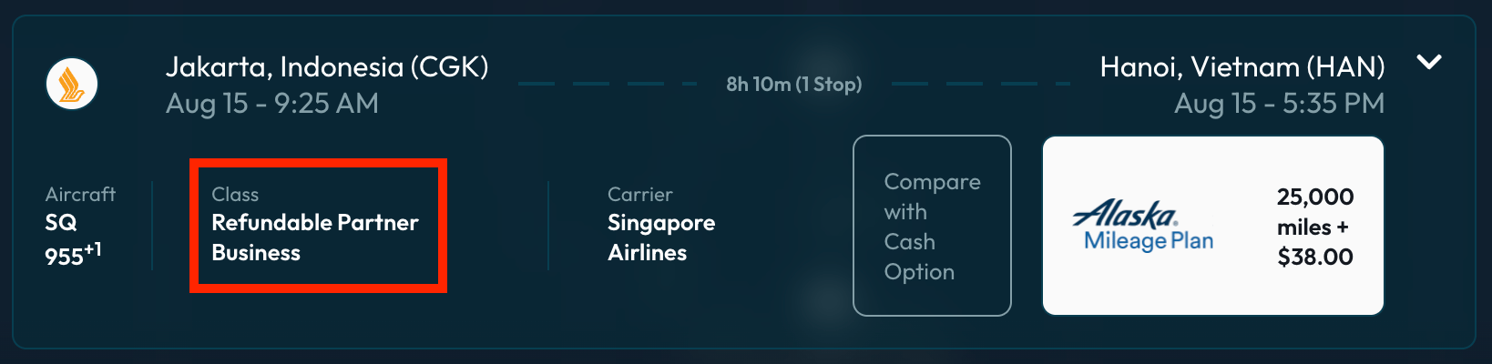 Jakarta to Hanoi for 25k Alaska miles in business class