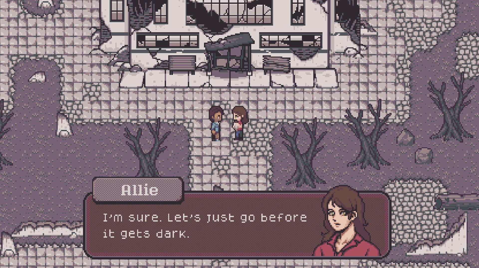 Screenshot from Red Rain, a top down RPG in a classic pixelated style. A character insert for Allie, showing an illustration a white woman in a red shirt. The dialog reads, "I'm sure. Let's just go before it gets dark."
