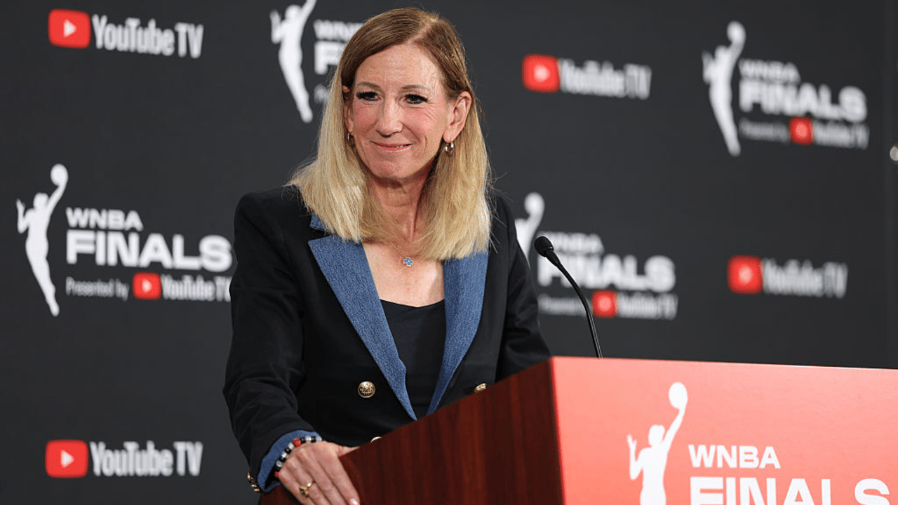 WNBA Commissioner Cathy Engelbert speaks to the media ahead of Game One of the 2025 WNBA Playoffs finals between the Las Vegas Aces and the Phoenix Mercury
