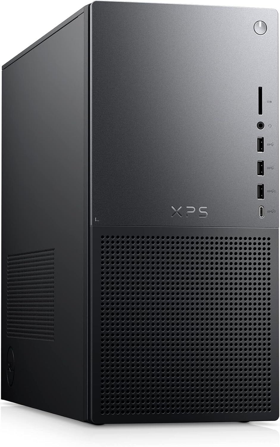 Dell XPS Desktop (Special Edition) – The Multitasker A sleek, minimalist desktop in white with subtle vents and no visible RGB, blending into a dual-purpose workstation with spreadsheets on one monitor and a strategy game on the other.