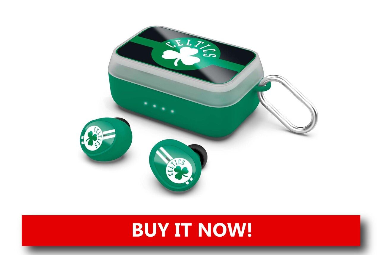 Boston Celtics Wireless Earbuds Alt text: "Wireless earbuds branded with Boston Celtics logo, offering crisp sound quality and sleek, portable charging case."