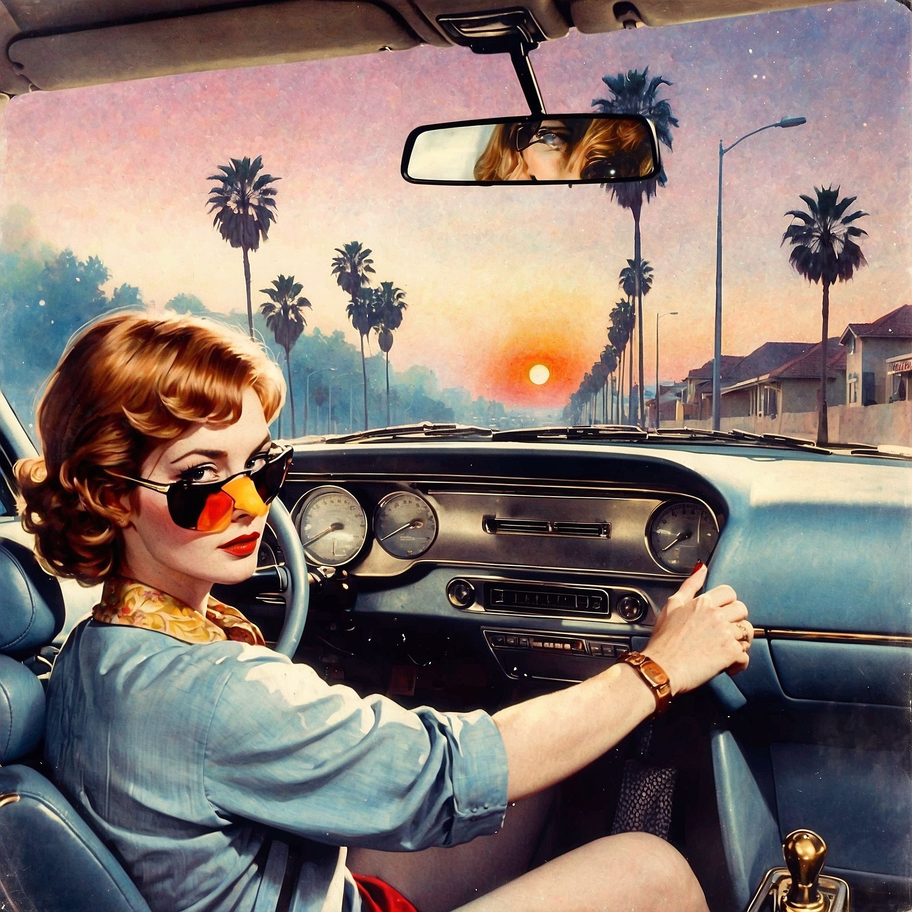 This image strongly resembles a digital painting or a photo-realistic airbrush illustration, heavily inspired by the 1980s-1990s retro-futuristic aesthetic. It may also draw on pop surrealism or lowbrow art influences, reminiscent of artists like James Jean, Mark Ryden, or even the hyper-realism of Robert McGinnis with a twist of Wes Anderson-like cinematography.