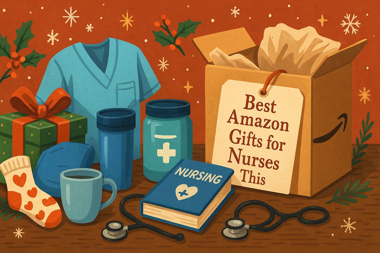 A festive digital illustration features a holiday-themed nurse gift setup with an open Amazon box labeled "Best Amazon Gifts for Nurses This Christmas." Surrounding the box are nurse essentials like a folded blue scrub top, a stethoscope, a nursing book, a coffee mug, a tumbler, a pill container, cozy socks with heart prints, a wrapped present, and a scrub cap. The background includes snowflakes, holly, and golden stars against a warm red backdrop.