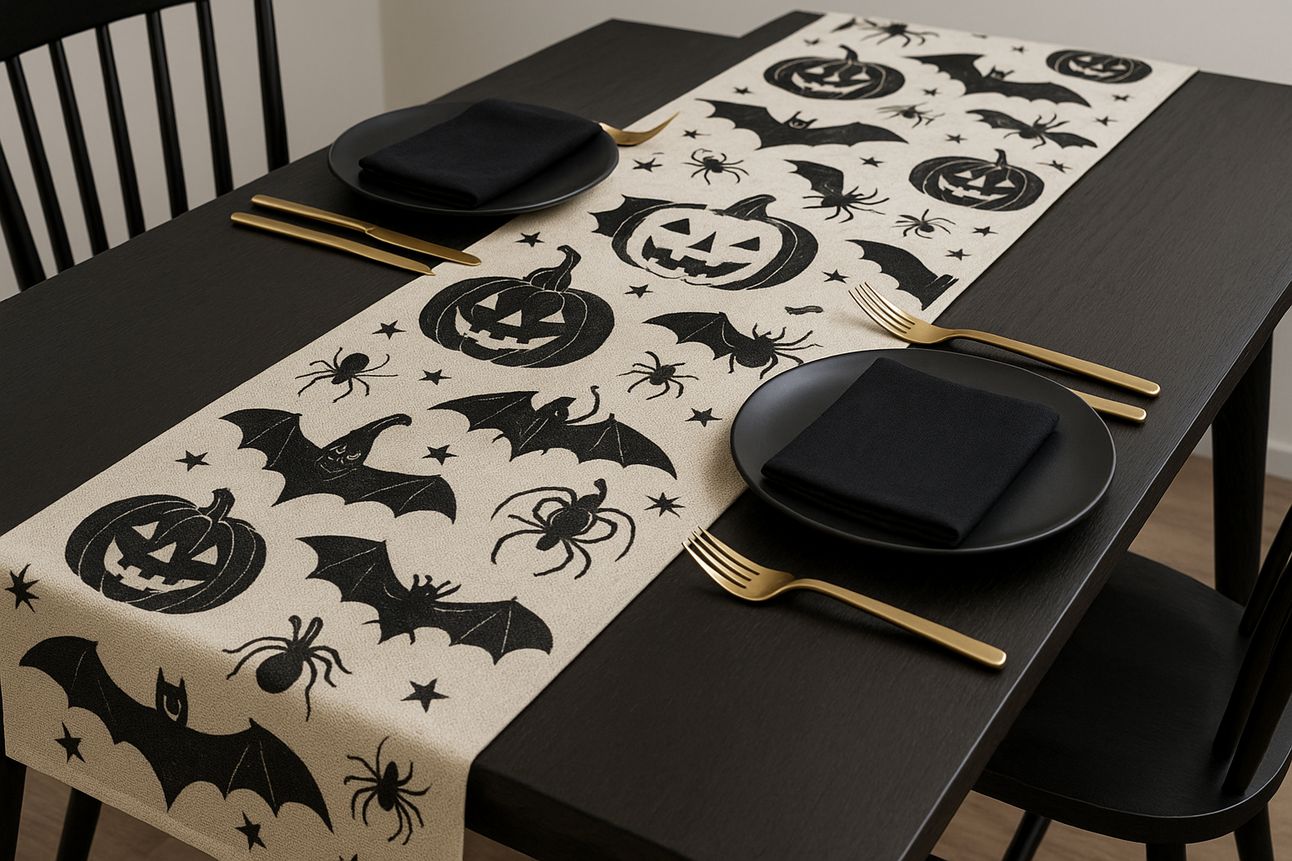 Black wooden dining table featuring a Halloween-themed table runner with black jack-o’-lanterns, bats, spiders, and stars on a cream background. Each place setting includes a matte black plate, black cloth napkin, and gold cutlery, creating a chic and festive look.