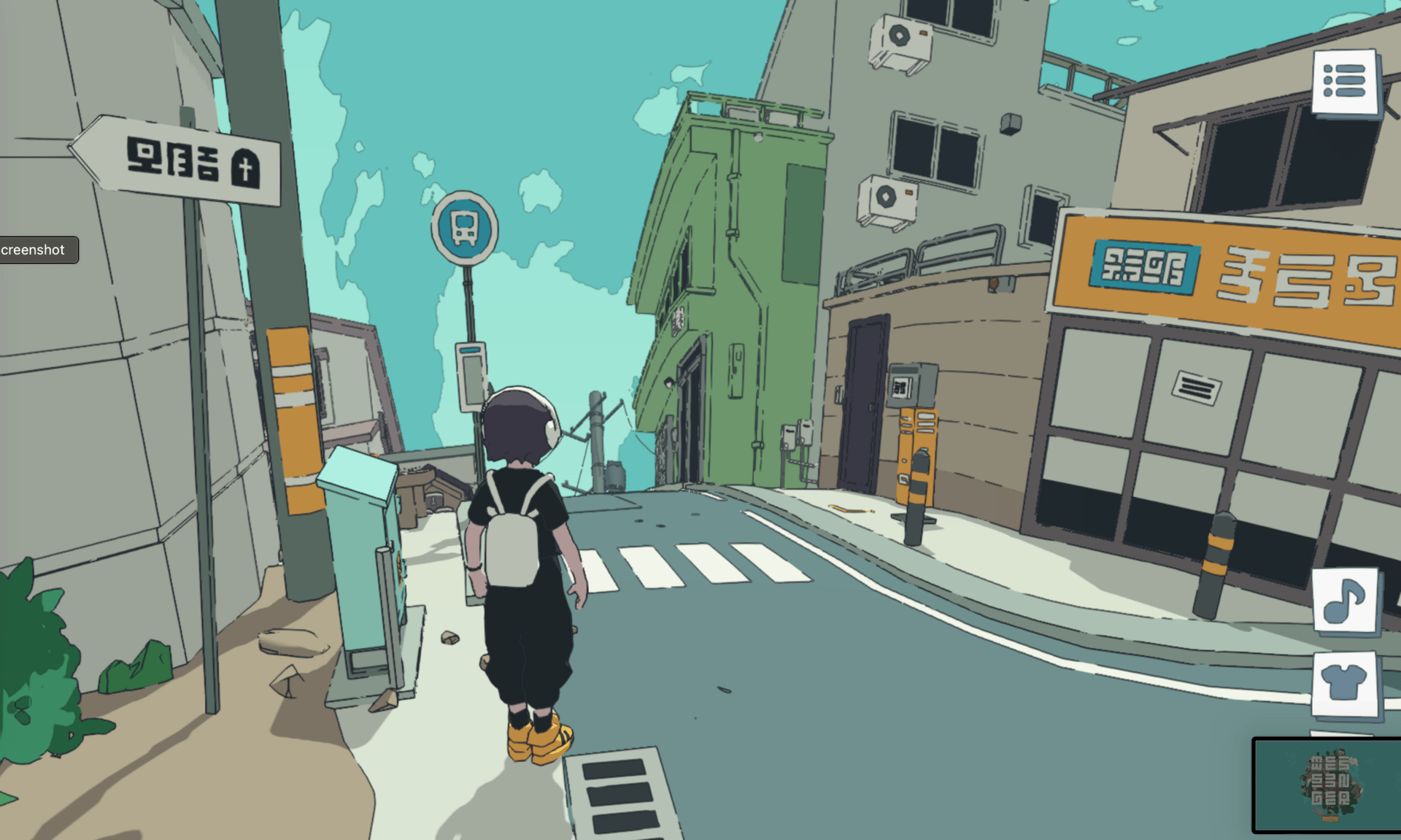 Screenshot from a game in an illustrative style, showing a young messenger with headphones and a backpack looking down a quaint city street.