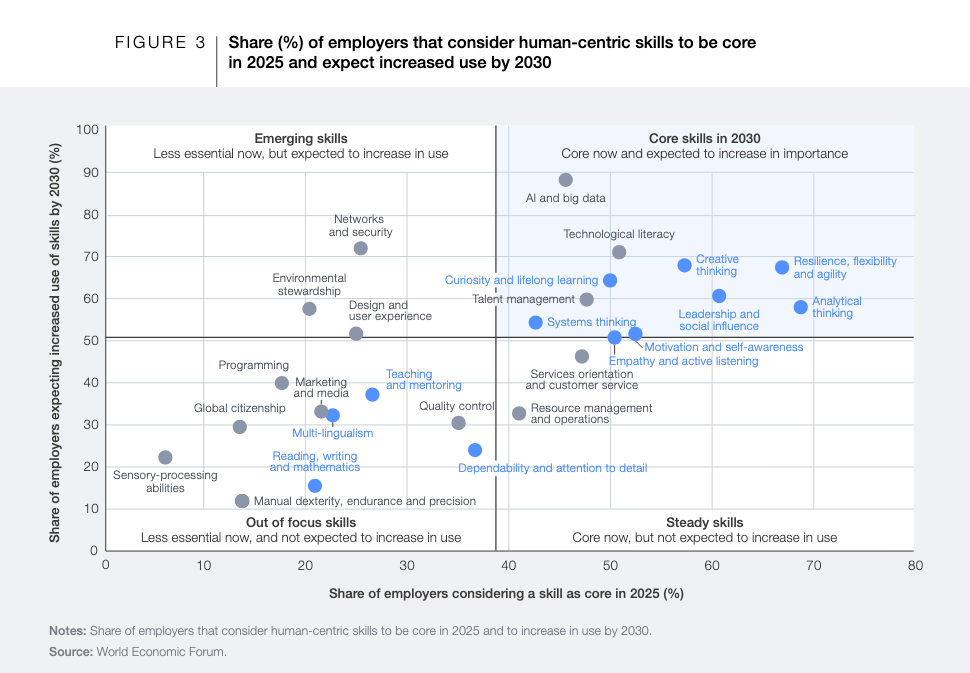 Chart showing which skills employers consier n the rise & which are in decline