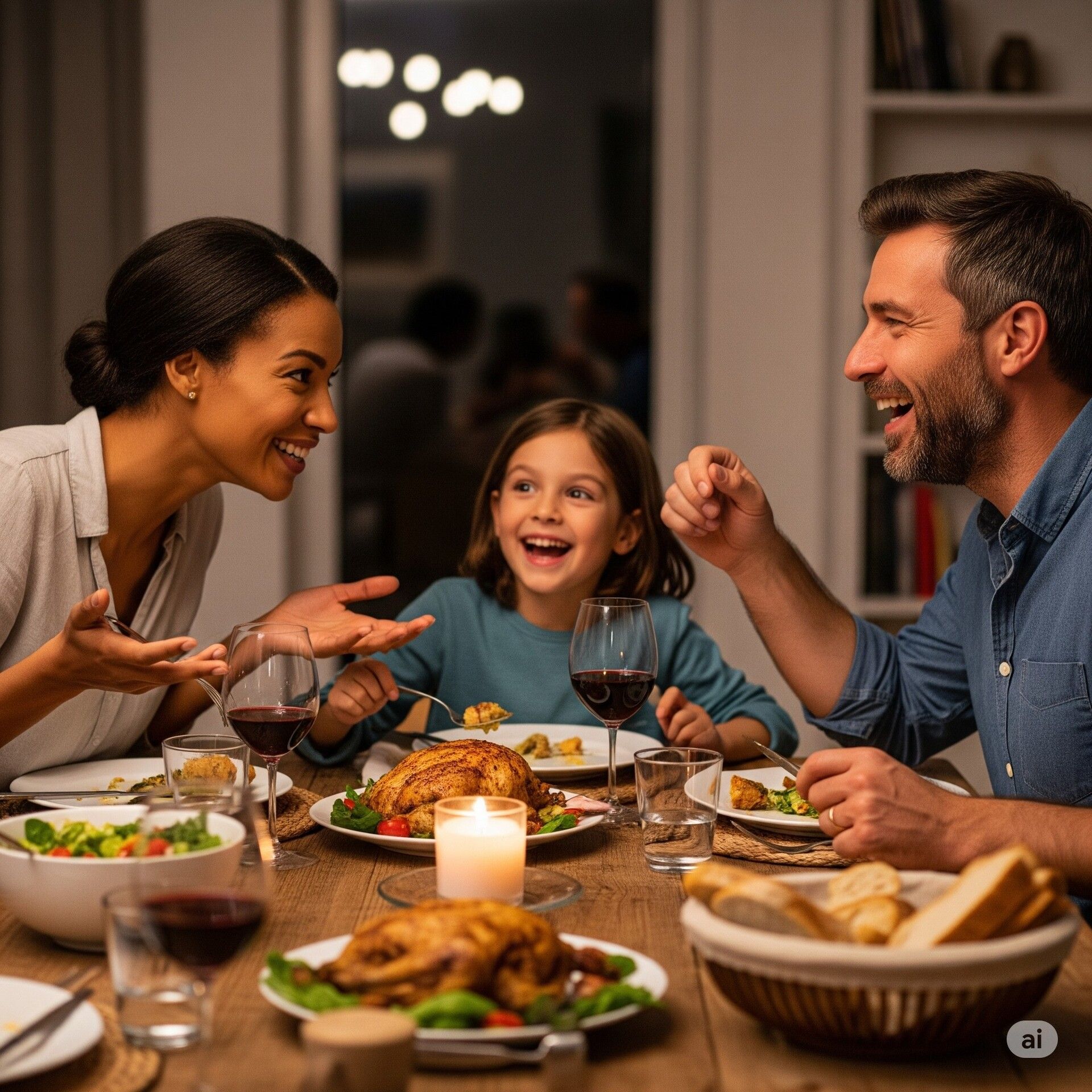 Une famille heureuse (père, mère, enfant) qui rit et discute autour d'un dîner chaleureux, illustrant les bénéfices de la déconnexion sur les relations humaines.