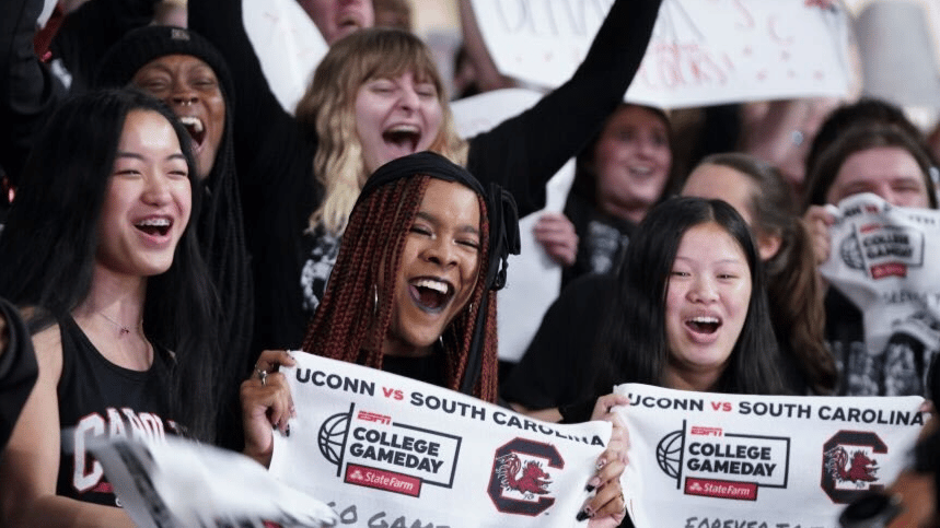 South Carolina Gamecocks' student section cheers on their team before an NCAA women's basketball game against the UConn Huskies