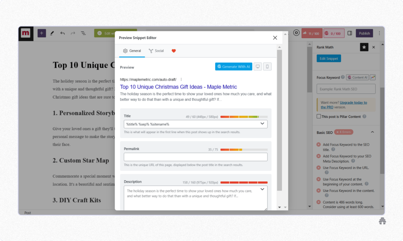 WordPress editor showing the Rank Math SEO snippet preview with fields for title, permalink, and meta description optimization. Illustrates how creators optimize blog posts for search engines using WordPress SEO tools.